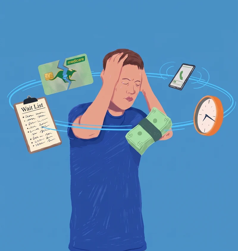Illustration of a patient holding their head, surrounded by a wait list, a broken Medicare card, a phone on hold, a bundle of cash and a clock