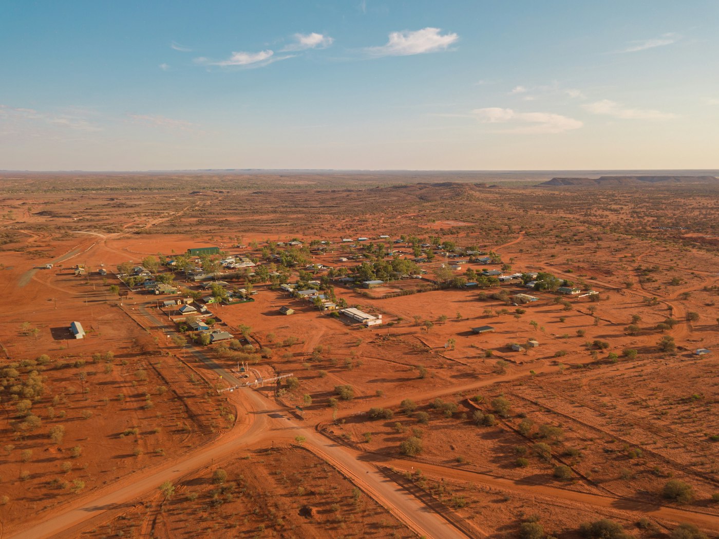 Aerial view of a small town in the Australian outback